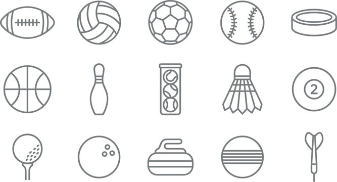 Minimalist sports balls and equipment line icons set isolated on a clean white background vector illustration