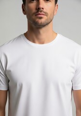 Fototapeta premium Man wearing blank white t-shirt. Casual apparel mockup for branding and design. Studio portrait of male model with stubble showcasing minimalist style clothing on neutral background.