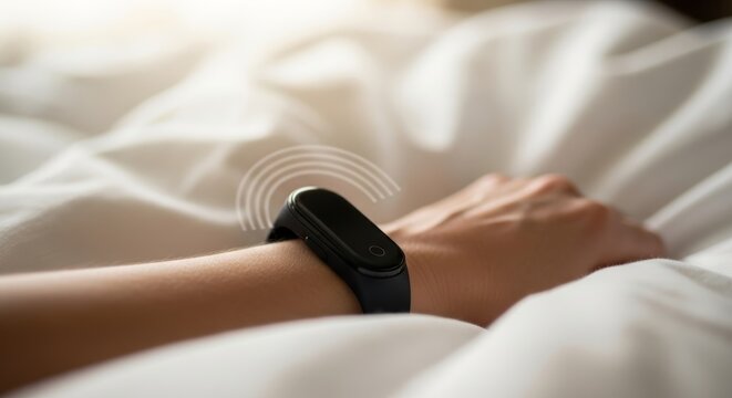 Woman wearing fitness tracker with alarm vibration on wrist in bed. Smart watch monitoring sleep and health. Modern wearable device technology for daily activity tracking and routine.