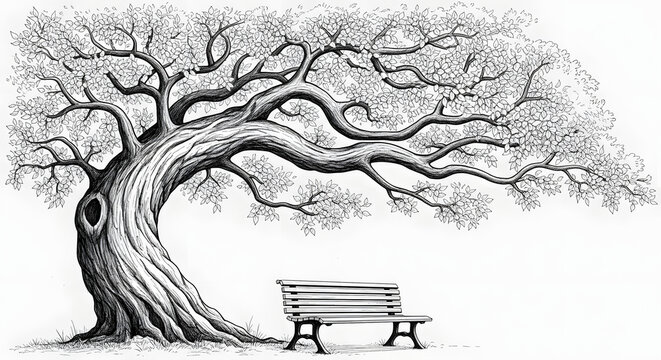 A black and white sketch of a wooden bench in a winter park surrounded by snowy trees and a frozen river under a foggy sky