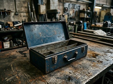 Empty vintage blue metal toolbox on a weathered industrial workbench