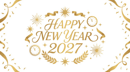 Obraz premium Elegant Gold Happy New Year 2027 Text with Confetti and Clocks