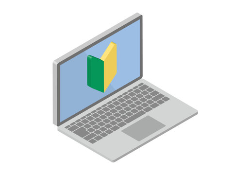 3D Isometric Laptop Computer with Beginner Mark on Screen Vector Illustration: Minimalist Shoshinsha Badge and Notebook PC Icon for IT Education, Tutorial, and Tech Support Isolated