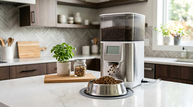 Modern automatic electronic smart pet feeder dispensing dry food kibble into a stainless steel bowl on a white marble kitchen island counter with a home background