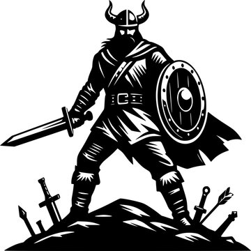 Viking Warrior with Sword and Shield: A powerful Viking warrior stands defiantly on a battlefield, brandishing a sword and shield, surrounded by fallen weapons.