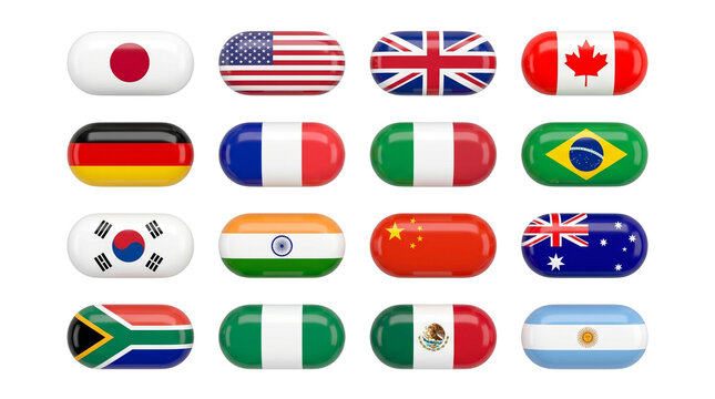 Global country flags capsule icons isolated on transparent background png
