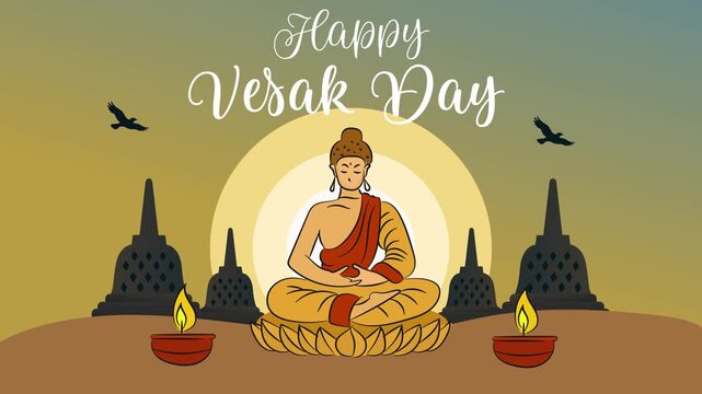 Happy Waisak Day Greeting with Meditating Buddha and Borobudur Temple Looping Animation