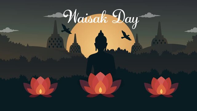 Waisak Day Indonesia Greeting with Buddha Silhouette and Borobudur Temple Looping Animation