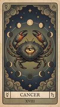 Mystical Cancer Zodiac Tarot Card Illustration featuring a Crab with Third Eye and Moon Phases