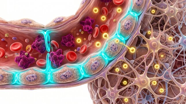 3D Microscopic Diagram of Blood-Brain Barrier Allowing Targeted Nanoparticles