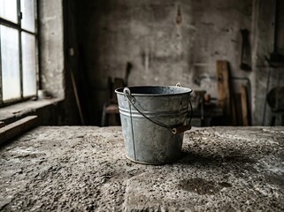 Fototapeta premium vintage galvanized metal bucket on a rough stone table in a rustic workshop