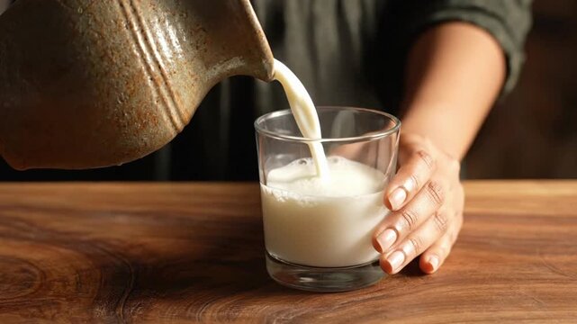 Closeup of hands pouring homemade milk from jug into glass on wooden table in kitchen setting