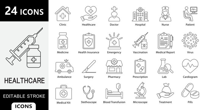 Medical Healthcare Line Icons Set &ndash; Hospital, Doctor, Pharmacy, medicine, ambulance, clinic and Emergency Vector Collection
