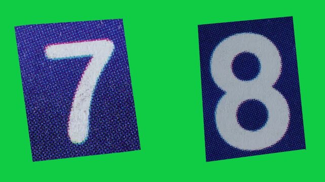 Stop Motion graphic number 7 8 magazine paper cut collage, ransom note style text, additional video elements on green screen