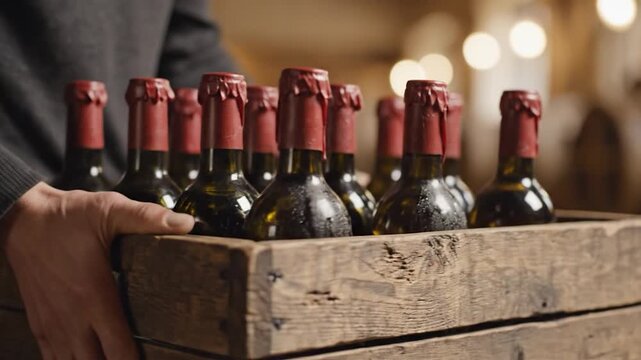 Person carrying a rustic wooden crate filled with dark wine bottles sealed with red wax in a wine cellar
