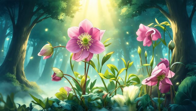 Pink hellebore flowers blooming in an enchanted fantasy forest