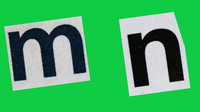 Stop Motion graphic Alphabet letter M N magazine paper cut collage, ransom note style text, additional video elements on green screen