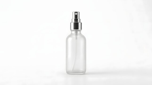 Empty clear glass spray bottle with a silver pump top on a clean white background, ideal for cosmetics or essential oils.