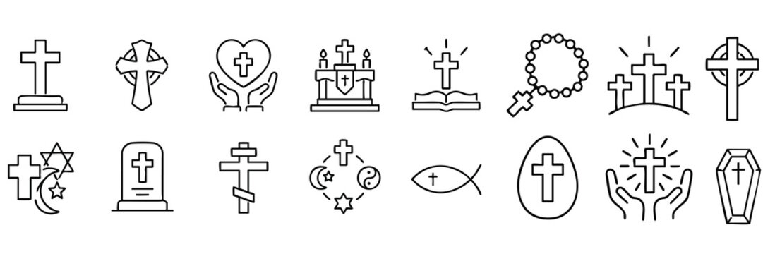 Christianity Religion, Church Faith, and Holy Cross Line Icon Set