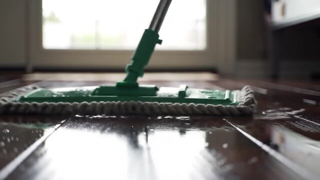 Person cleaning a dark hardwood floor with a green microfiber mop in a bright home interior