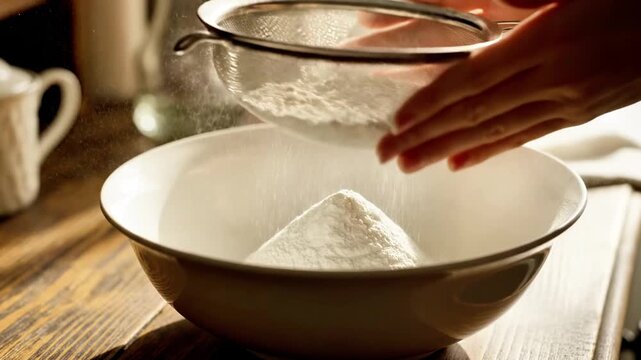 Flour being sifted through a metal sieve into a white bowl on a wooden countertop