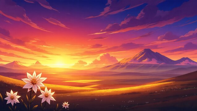 Anime style mountain valley landscape with white flowers at sunset