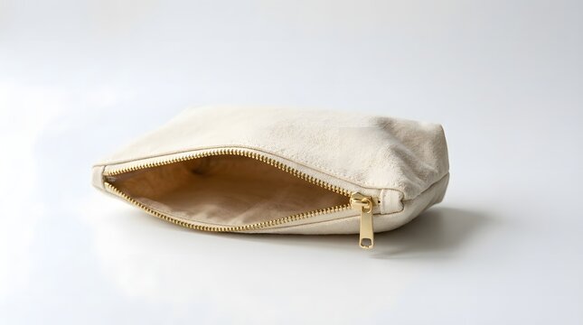 Empty beige canvas pouch with a gold zipper lying open on a white background, ready for use or customization.