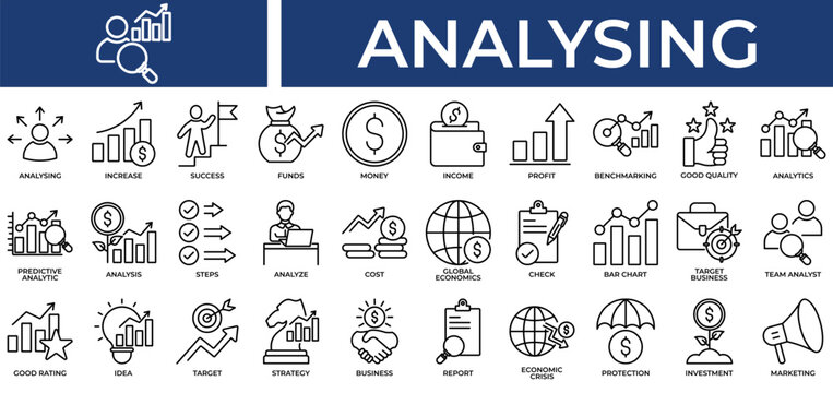 Analysing icon set collection. Containing economics, value, analyze, increase, review, loss, profit .Line vector icons collection