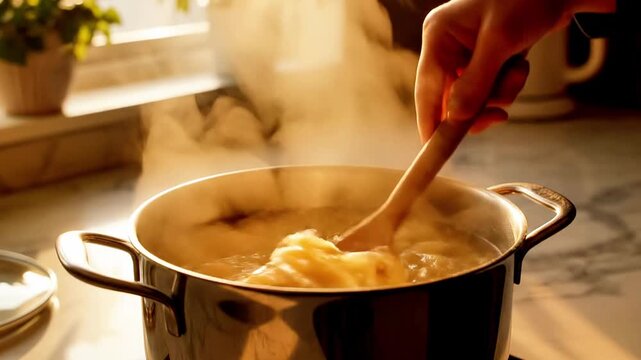 A hand stirs a steaming pot on a stove, releasing aromatic vapors in a kitchen setting illuminated by natural sunlight