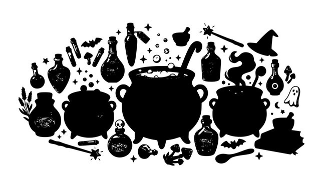 Decorative Halloween witches pots vector illustration magical cauldron collection isolated on white