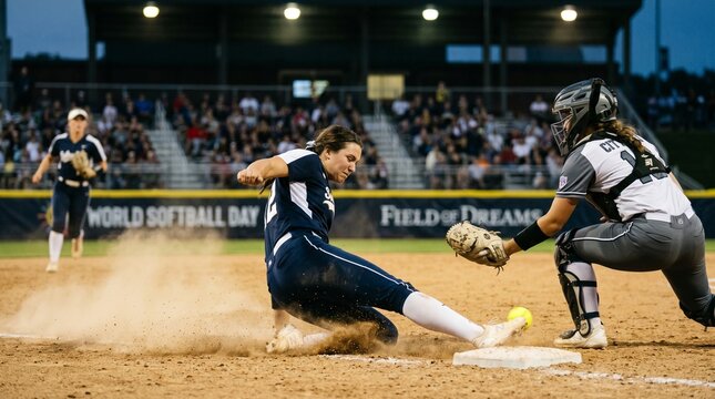 Female Softball Player Sliding into Home Plate with Dust Flying During Night Game