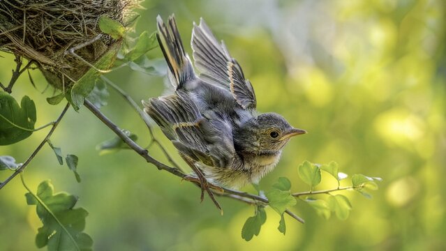 clumsily. A fledgling bird with ruffled feathers falling from its nest. wildlife magazines, conservation campaigns, designed for eco-tourism storytelling, used by food bloggers.