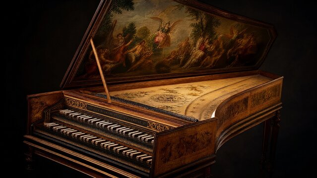 harpsichord. Open Baroque harpsichord revealing two rows of keys and internal paintings. event programs, museum guides, designed for cultural heritage projects and event programs.