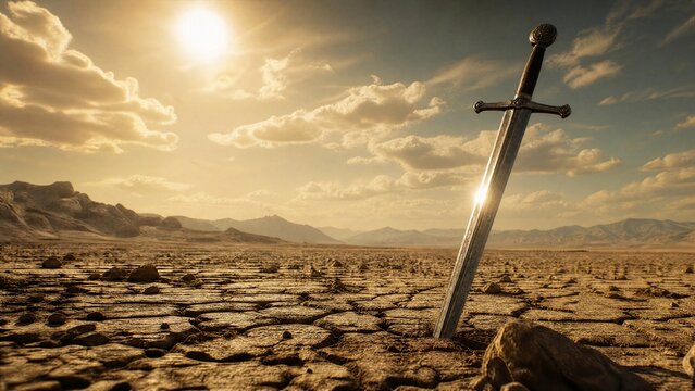 longsword. A medieval longsword plunged into cracked earth under sunlight. event programs, museum guides, designed for cultural heritage projects and event programs, elevates cultural identity.