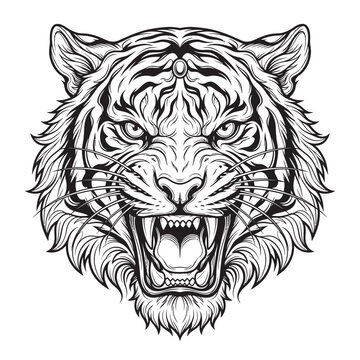 Roaring tiger head black line art