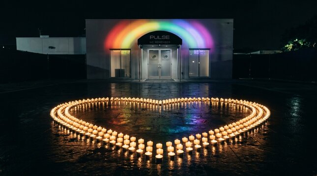 Heart Shaped Candle Vigil Memorial at Pulse Nightclub with Rainbow Pride Light Projection at Night