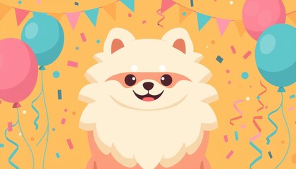Obraz premium Cute cartoon Pomeranian dog with fluffy coat surrounded by colorful confetti and balloons in bright background