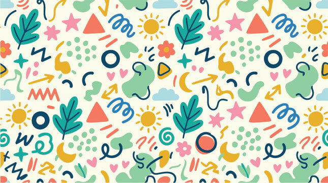 Seamless colorful abstract doodle pattern featuring playful hand-drawn leaves, geometric shapes, swirls, dots, and decorative elements on a light background.
