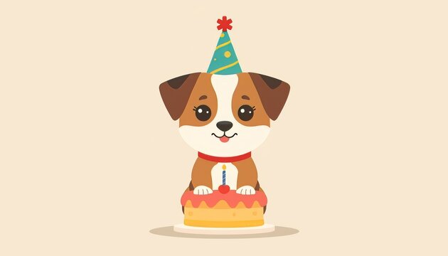 Cartoon puppy wearing birthday hat and holding cake festive flat illustration