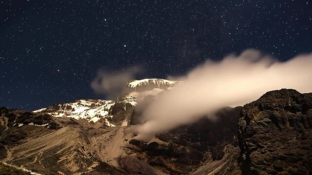 Mount Kilimanjaro. Kilimanjaro National Park in Tanzania, Africa. Trekking and climbing to the summit. Time lapse. Night video in starry sky.