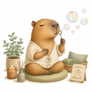 Emotional Support Animal Unbothered Therapy Capybara Practicing Breathwork with Bubbles, Watercolor Illustration for Anxiety Relief and Nervous System Regulation, Calming Mental Health Art on White 