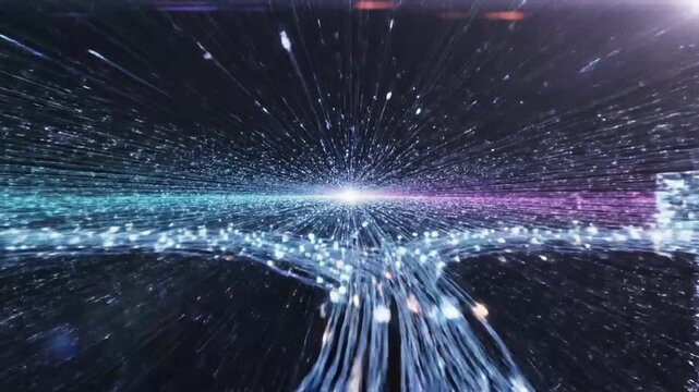 Interstellar spaceship flying through futuristic hyperspace tunnel at high speed
