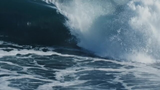 Slow motion view of dark ocean waves crashing with detail under natural light