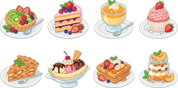 Colorful Flat Vector Illustration of Dessert Collection Including Tart Cake Pudding Cupcake Pie Banana Split Waffle and Parfait