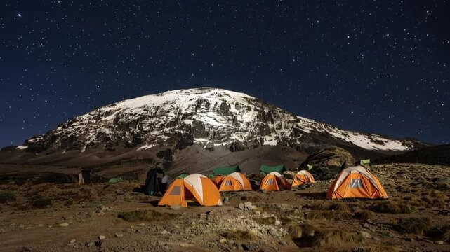 Mount Kilimanjaro. Kilimanjaro National Park in Tanzania, Africa. Trekking and climbing to the summit. Time lapse. Night video in starry sky. Tent