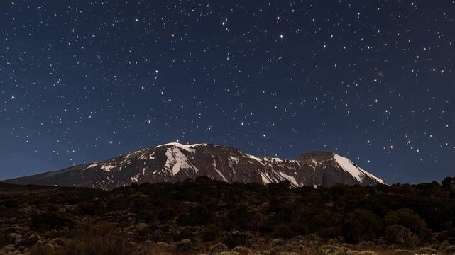 Mount Kilimanjaro. Kilimanjaro National Park in Tanzania, Africa. Trekking and climbing to the summit. Time lapse. Night video in starry sky.