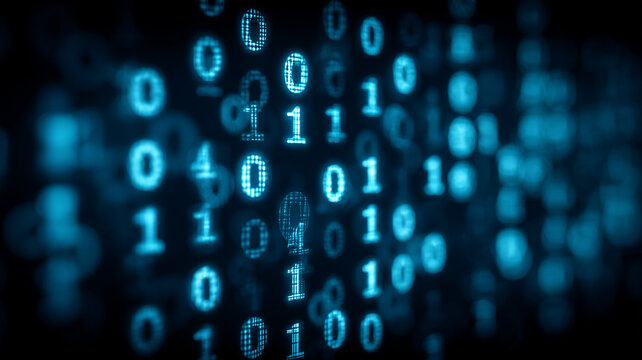 Binary numbers floating in a digital space, symbolizing data flow, programming language, information processing, and computer technology.
