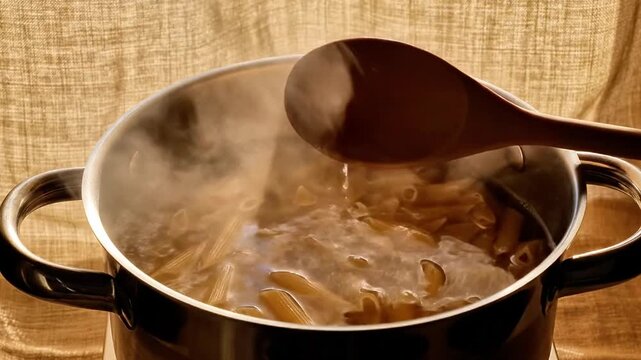 Boiling soup in a stainless steel pot with steam rising, captured from a front viewpoint, with a wooden spoon actively stirring the mixture, set against a light textured cloth backdrop