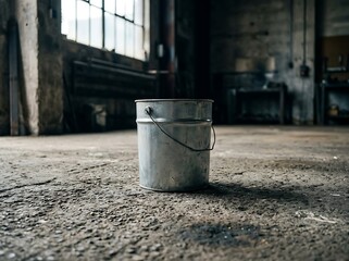 Naklejka premium Metal bucket sitting on a concrete floor in an industrial workshop