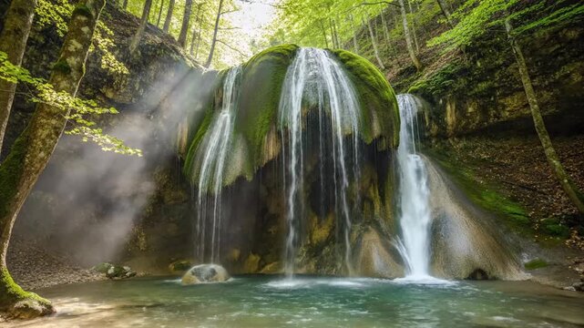 View of Bigar Waterfall with flowing water and green trees in Romania during daylight hours
